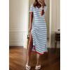 imageDokotoo Summer Dress Casual Womens Fashion Short Sleeve Maxi Dress T Shirt Dress Striped Long Color Block Maxi DressSky Blue