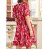 imageDokotoo Womens Dresses 2025 Deep V Neck Lantern Sleeve Summer Dresses Shirred Elastic Waist ALine Mini DressRed