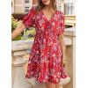 imageDokotoo Womens Dresses 2025 Deep V Neck Lantern Sleeve Summer Dresses Shirred Elastic Waist ALine Mini DressRed