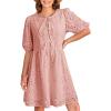 imageDokotoo Summer Dresses for Women 2025 Tie Front V Neck Short Puff Sleeve Hollow Out Lace Wedding Guest DressPink