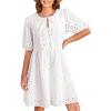 imageDokotoo Summer Dresses for Women 2025 Tie Front V Neck Short Puff Sleeve Hollow Out Lace Wedding Guest DressWhite