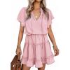 imageDokotoo Womens Spring Summer 2025 Short Sleeve Split V Neck Ruffle Chiffon Elegant Mini Short Skirt DressesZ Pink