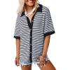 imageDokotoo Womens Waffle Knit Tops 2025 Spring Summer Button V Neck Short Sleeve Shirts Casual Lightweight Stripe BlousesSky Blue Stripe
