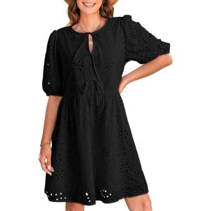 imageDokotoo Summer Dresses for Women 2025 Tie Front V Neck Short Puff Sleeve Hollow Out Lace Wedding Guest DressBlack