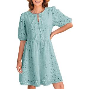 imageDokotoo Summer Dresses for Women 2025 Tie Front V Neck Short Puff Sleeve Hollow Out Lace Wedding Guest DressBlue