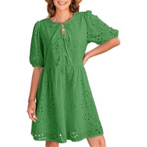 imageDokotoo Summer Dresses for Women 2025 Tie Front V Neck Short Puff Sleeve Hollow Out Lace Wedding Guest DressDark Green