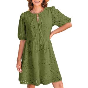imageDokotoo Summer Dresses for Women 2025 Tie Front V Neck Short Puff Sleeve Hollow Out Lace Wedding Guest DressGreen