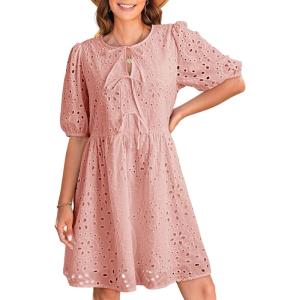 imageDokotoo Summer Dresses for Women 2025 Tie Front V Neck Short Puff Sleeve Hollow Out Lace Wedding Guest DressPink