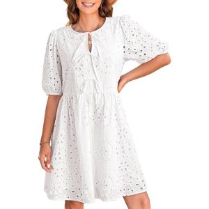 imageDokotoo Summer Dresses for Women 2025 Tie Front V Neck Short Puff Sleeve Hollow Out Lace Wedding Guest DressWhite
