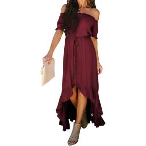 imageDokotoo Womens 2025 Off The Shoulder Casual Short Sleeve Maxi Dress High Low Solid Cocktail Skater DressesWine