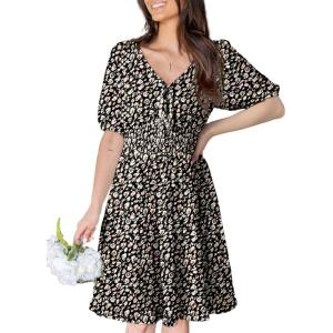 imageDokotoo Womens Dresses 2025 Deep V Neck Lantern Sleeve Summer Dresses Shirred Elastic Waist ALine Mini DressBlack 1