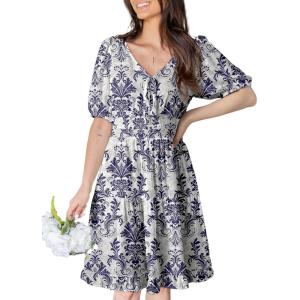 imageDokotoo Womens Dresses 2025 Deep V Neck Lantern Sleeve Summer Dresses Shirred Elastic Waist ALine Mini DressBlue