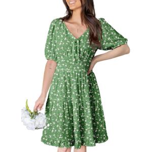 imageDokotoo Womens Dresses 2025 Deep V Neck Lantern Sleeve Summer Dresses Shirred Elastic Waist ALine Mini DressGreen