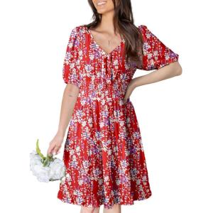 imageDokotoo Womens Dresses 2025 Deep V Neck Lantern Sleeve Summer Dresses Shirred Elastic Waist ALine Mini DressRed