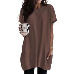 imageDokotoo Womens Summer 2025 Casual Short Sleeve Shirts Loose Fit Oversized Tshirts Tunic Tops with PocketsA1 Brown