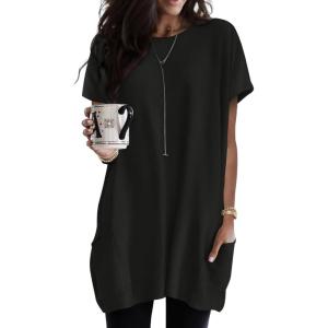 imageDokotoo Womens Summer 2025 Casual Short Sleeve Shirts Loose Fit Oversized Tshirts Tunic Tops with PocketsBlack
