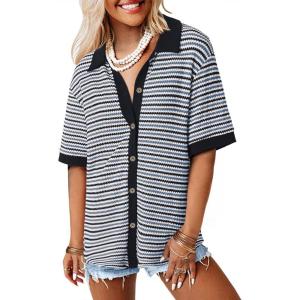 imageDokotoo Womens Waffle Knit Tops 2025 Spring Summer Button V Neck Short Sleeve Shirts Casual Lightweight Stripe BlousesSky Blue Stripe