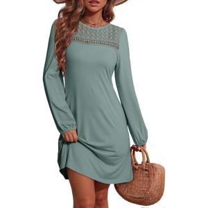 imageDokotoo Fall Dresses for Women 2025 Crew Neck Long Sleeve A Line Shift Dress Solid Color Loose Fit Mini DressCanton