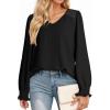 imageDokotoo Womens Tops Casual V Neck Long Sleeve Lace Trim Shirts with Smocked Cuffs Loose Tunic Tops BlousesBlack