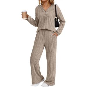imageDokotoo 2 Piece Lounge Sets for Women Ribbed Knit Button V Neck Long Sleeve Tops Matching Pants Pajamas Set 2025 Fall OutfitsApricot