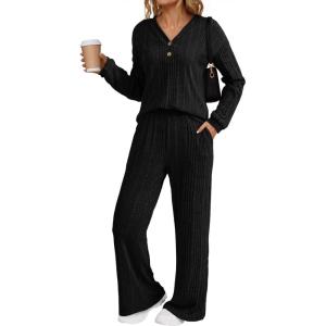 imageDokotoo 2 Piece Lounge Sets for Women Ribbed Knit Button V Neck Long Sleeve Tops Matching Pants Pajamas Set 2025 Fall OutfitsBlack