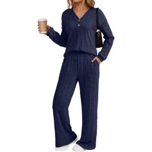imageDokotoo 2 Piece Lounge Sets for Women Ribbed Knit Button V Neck Long Sleeve Tops Matching Pants Pajamas Set 2025 Fall OutfitsBlue