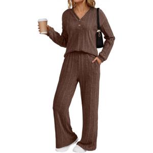 imageDokotoo 2 Piece Lounge Sets for Women Ribbed Knit Button V Neck Long Sleeve Tops Matching Pants Pajamas Set 2025 Fall OutfitsBrown