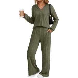 imageDokotoo 2 Piece Lounge Sets for Women Ribbed Knit Button V Neck Long Sleeve Tops Matching Pants Pajamas Set 2025 Fall OutfitsGreen
