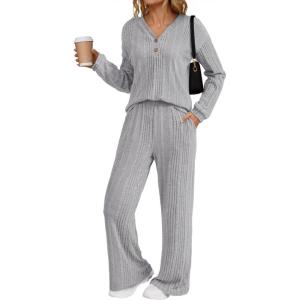 imageDokotoo 2 Piece Lounge Sets for Women Ribbed Knit Button V Neck Long Sleeve Tops Matching Pants Pajamas Set 2025 Fall OutfitsGrey