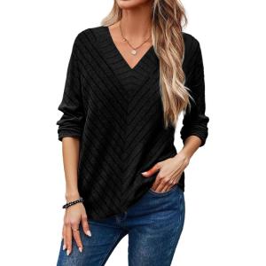 imageDokotoo Long Sleeve Shirts for Women 2025 Fall V Neck Knitted Pullover Tunic Tops Womens Blouses Dressy CasualBlack