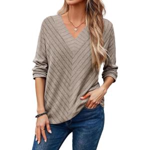 imageDokotoo Long Sleeve Shirts for Women 2025 Fall V Neck Knitted Pullover Tunic Tops Womens Blouses Dressy CasualGray