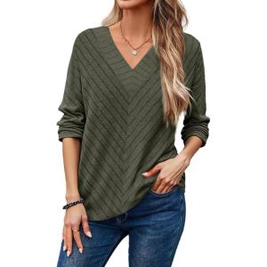 imageDokotoo Long Sleeve Shirts for Women 2025 Fall V Neck Knitted Pullover Tunic Tops Womens Blouses Dressy CasualGreen