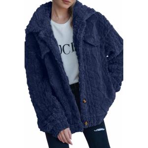 imageDokotoo Winter Fleece Heating 2025 Jacket for Women Button Down Stand Collar with Pockets CoatsNavy