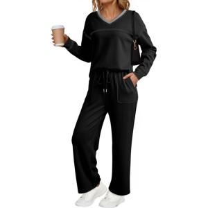 imageDokotoo Womens 2 Piece Lounge Set Casual V Neck Sweatshirt Fashion Travel Wide Leg Tracksuit Sweatsuits OutfitsBlack