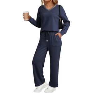 imageDokotoo Womens 2 Piece Lounge Set Casual V Neck Sweatshirt Fashion Travel Wide Leg Tracksuit Sweatsuits OutfitsDark Blue