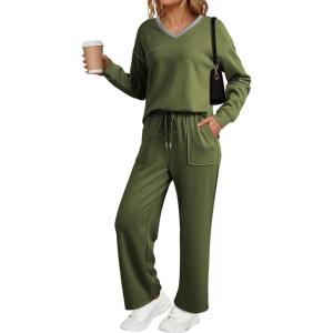 imageDokotoo Womens 2 Piece Lounge Set Casual V Neck Sweatshirt Fashion Travel Wide Leg Tracksuit Sweatsuits OutfitsGreen