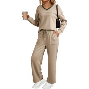 imageDokotoo Womens 2 Piece Lounge Set Casual V Neck Sweatshirt Fashion Travel Wide Leg Tracksuit Sweatsuits OutfitsKhaki