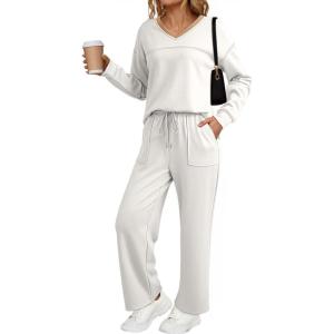 imageDokotoo Womens 2 Piece Lounge Set Casual V Neck Sweatshirt Fashion Travel Wide Leg Tracksuit Sweatsuits OutfitsWhite