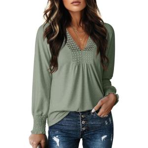 imageDokotoo Womens Casual V Neck Long Sleeve Shirts Loose Tunic Tops Business Tee BlousesSmoke Green
