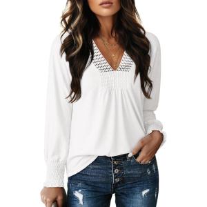 imageDokotoo Womens Casual V Neck Long Sleeve Shirts Loose Tunic Tops Business Tee BlousesWhite