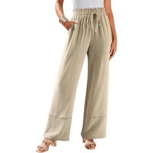 imageDokotoo Womens Fall Boho 2025 Casual Wid Leg Lace Pants High Waisted Drawstrings with PocketsBeige