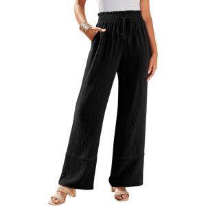 imageDokotoo Womens Fall Boho 2025 Casual Wid Leg Lace Pants High Waisted Drawstrings with PocketsBlack