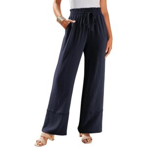 imageDokotoo Womens Fall Boho 2025 Casual Wid Leg Lace Pants High Waisted Drawstrings with PocketsNavy
