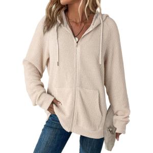imageDokotoo Womens Full Zip Up Hoodies Waffle Knit Long Sleeve Drawstring Casual Sweatshirt Hooded TopsApricot