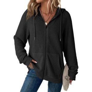 imageDokotoo Womens Full Zip Up Hoodies Waffle Knit Long Sleeve Drawstring Casual Sweatshirt Hooded TopsBlack