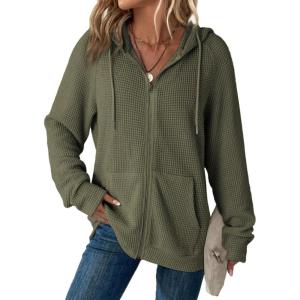 imageDokotoo Womens Full Zip Up Hoodies Waffle Knit Long Sleeve Drawstring Casual Sweatshirt Hooded TopsGreen