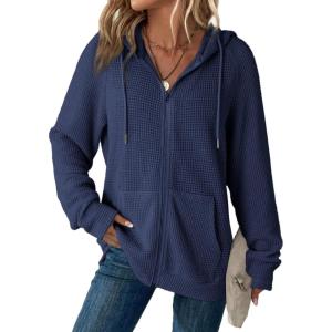 imageDokotoo Womens Full Zip Up Hoodies Waffle Knit Long Sleeve Drawstring Casual Sweatshirt Hooded TopsNavy Blue