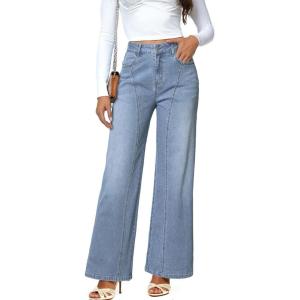 imageDokotoo Womens High Rise Baggy Jeans Straight Wide Leg Casual Trendy Pants Stretch Loose Fit Lightweight Denim PantsBeau Blue