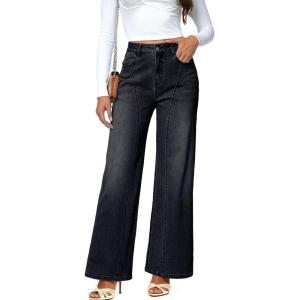 imageDokotoo Womens High Rise Baggy Jeans Straight Wide Leg Casual Trendy Pants Stretch Loose Fit Lightweight Denim PantsBlack