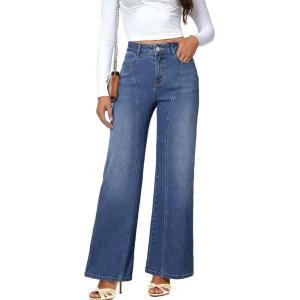 imageDokotoo Womens High Rise Baggy Jeans Straight Wide Leg Casual Trendy Pants Stretch Loose Fit Lightweight Denim PantsDark Blue